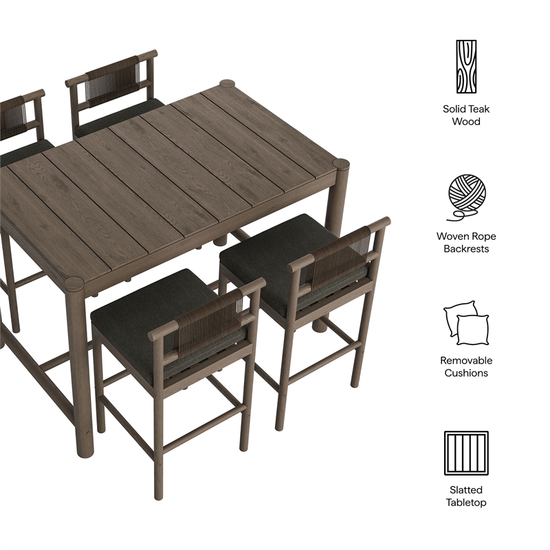 Eleni 5-Piece Outdoor Teak Wood Bar Set in Weathered Gray Flint