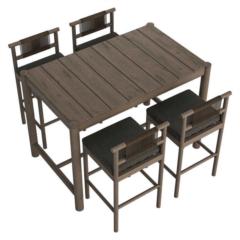 Eleni 5-Piece Outdoor Teak Wood Bar Set in Weathered Gray Flint