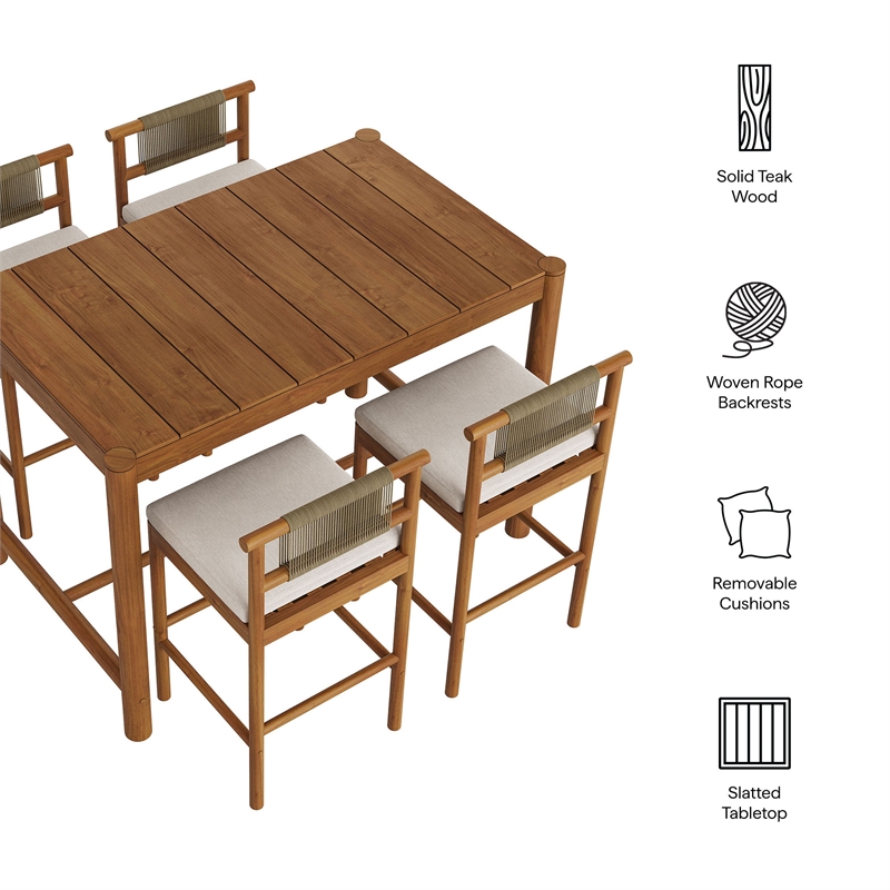Eleni 5-Piece Outdoor Teak Wood Bar Set in Natural Sail