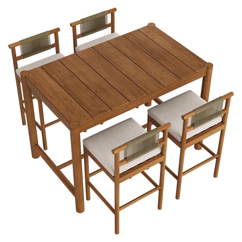 Eleni 5-Piece Outdoor Teak Wood Bar Set in Natural Sail
