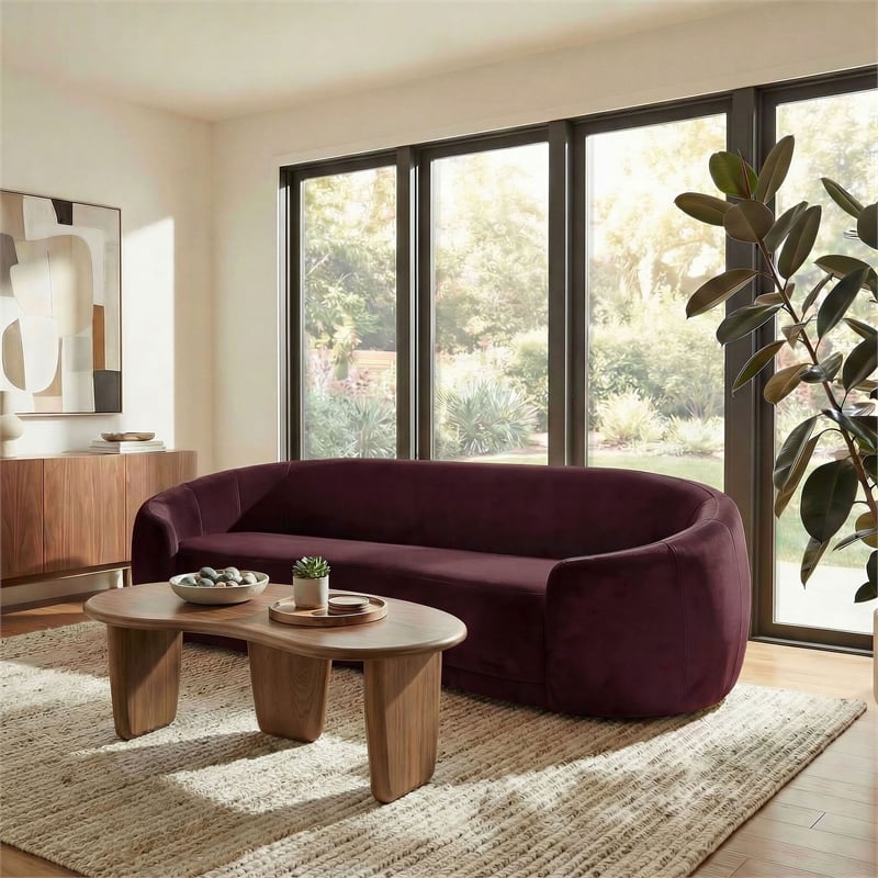 Contessa Curved Performance Velvet Sofa in Mulberry