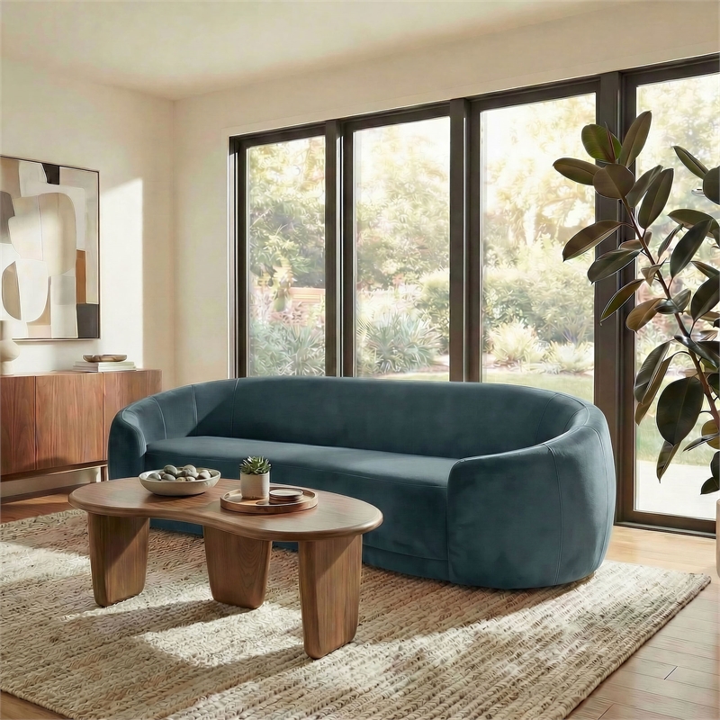 Contessa Curved Performance Velvet Sofa in Cadet Blue