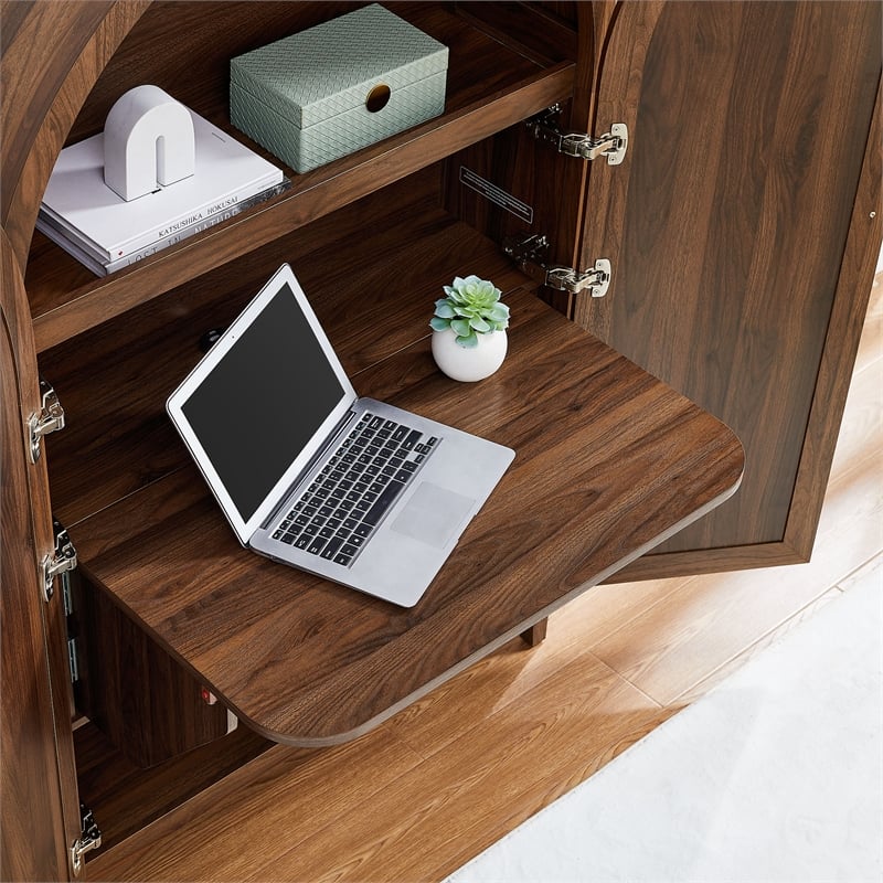 Calista 63 Inch Arched Storage Cabinet With Folding Desk in Walnut