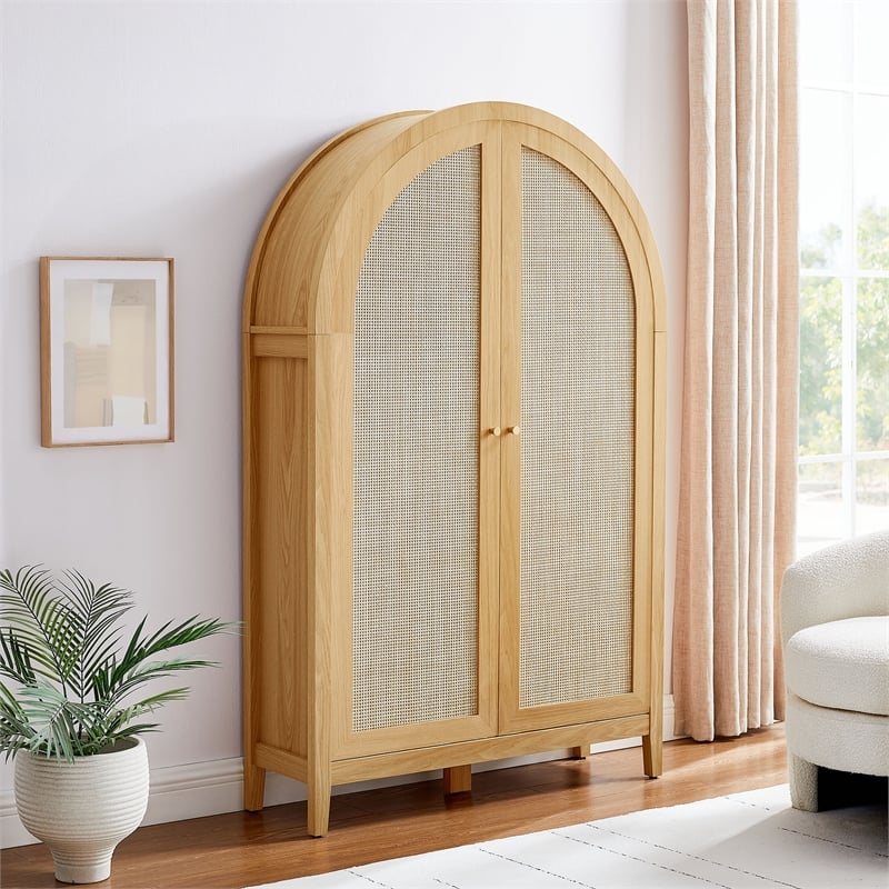 Calista 63 Inch Arched Storage Cabinet With Folding Desk in Oak