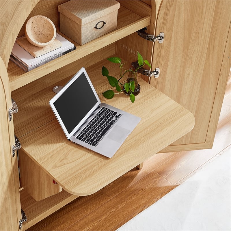Calista 63 Inch Arched Storage Cabinet With Folding Desk in Oak