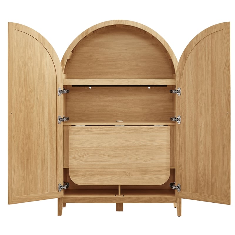 Calista 63 Inch Arched Storage Cabinet With Folding Desk in Oak