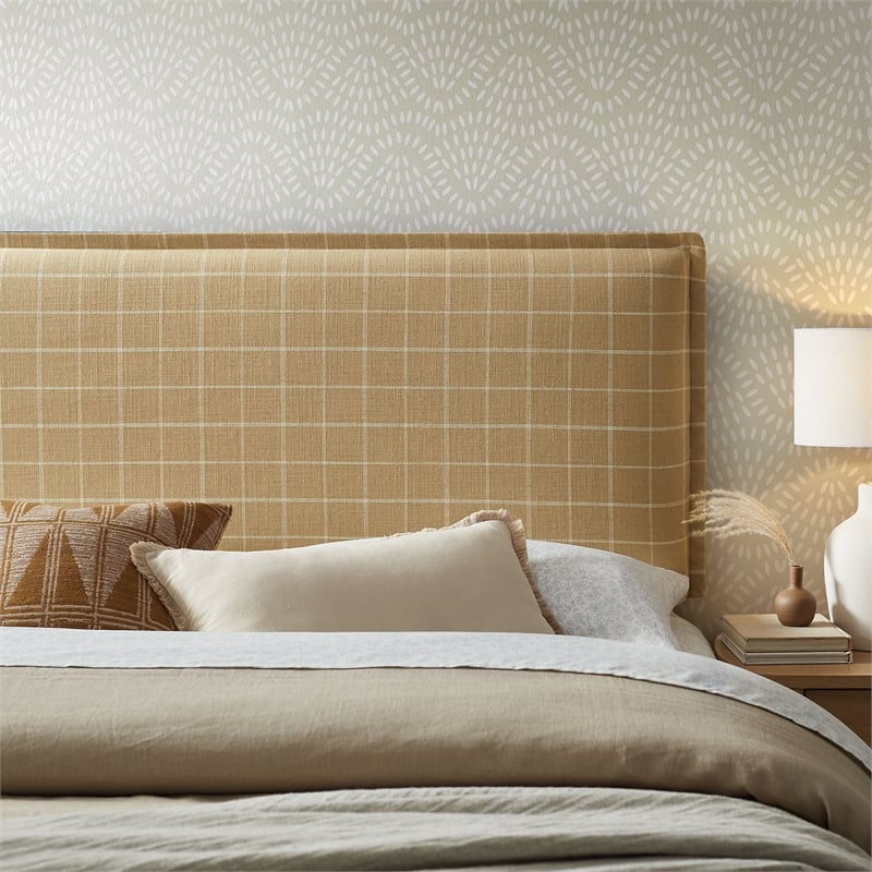 Camille Checkered Linen Blend King Size Headboard in Hemp Windowpane Check