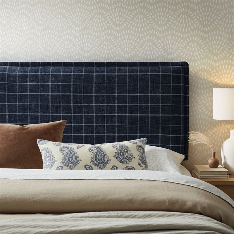Camille Checkered Linen Blend King Size Headboard in Denim Windowpane Check