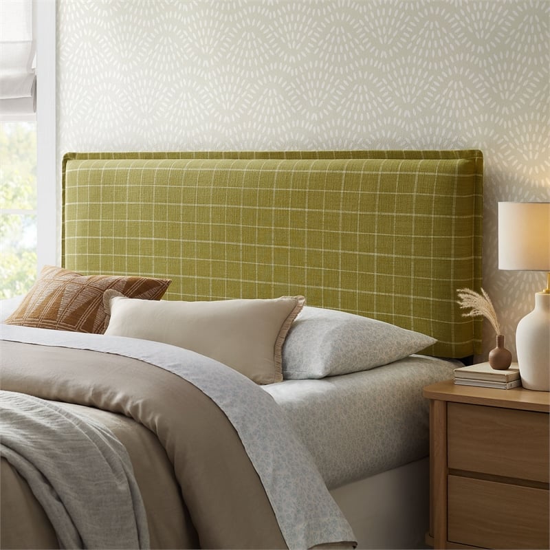 Camille Checkered Linen Blend King Size Headboard in Artichoke Windowpane Check