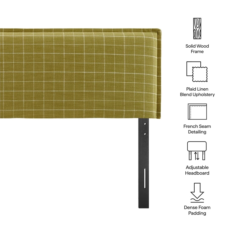 Camille Checkered Linen Blend Queen Size Headboard in Artichoke Windowpane Check