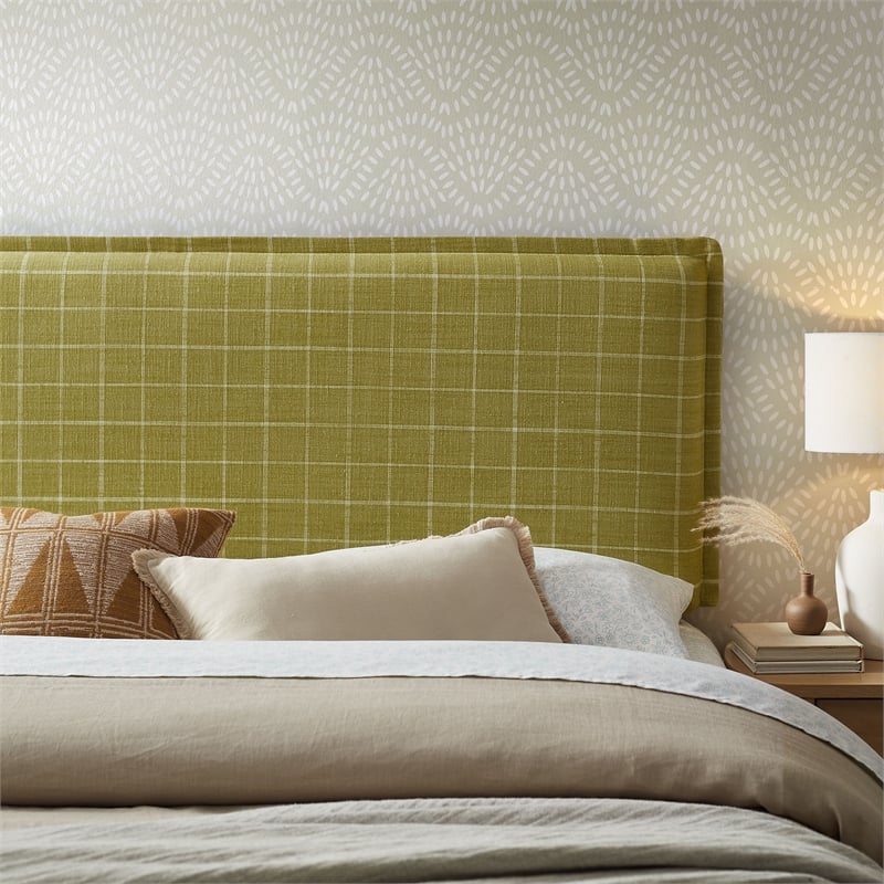 Camille Checkered Linen Blend Queen Size Headboard in Artichoke Windowpane Check