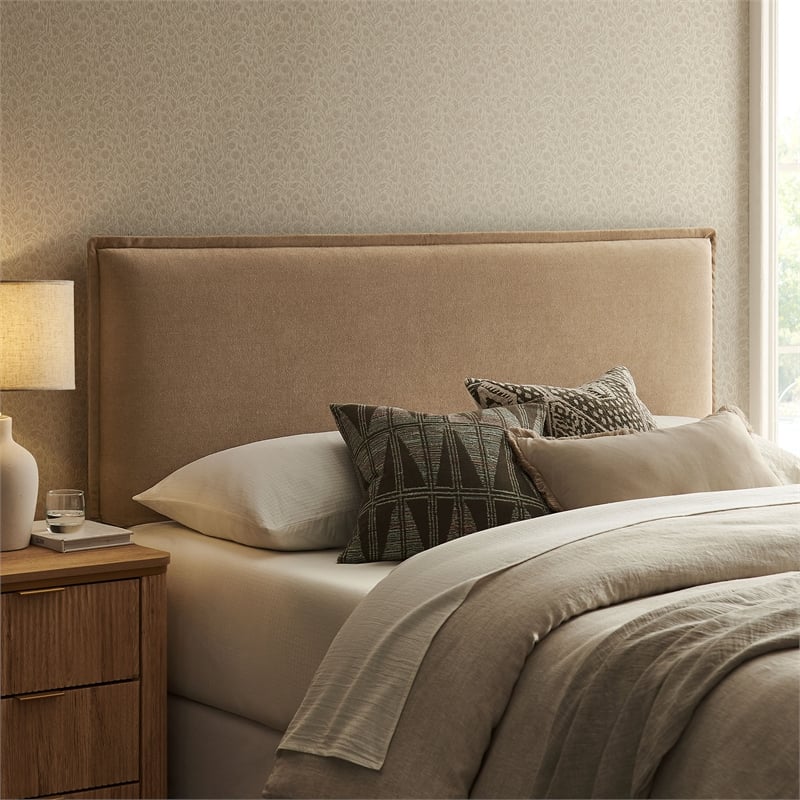 Camille Upholstered Linen Blend Queen Size Headboard in Almond