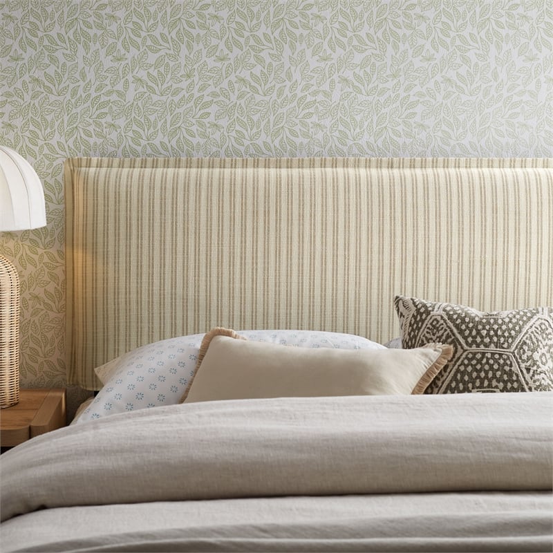 Camille Striped Linen Blend Queen Size Headboard in Oatmeal Stripe