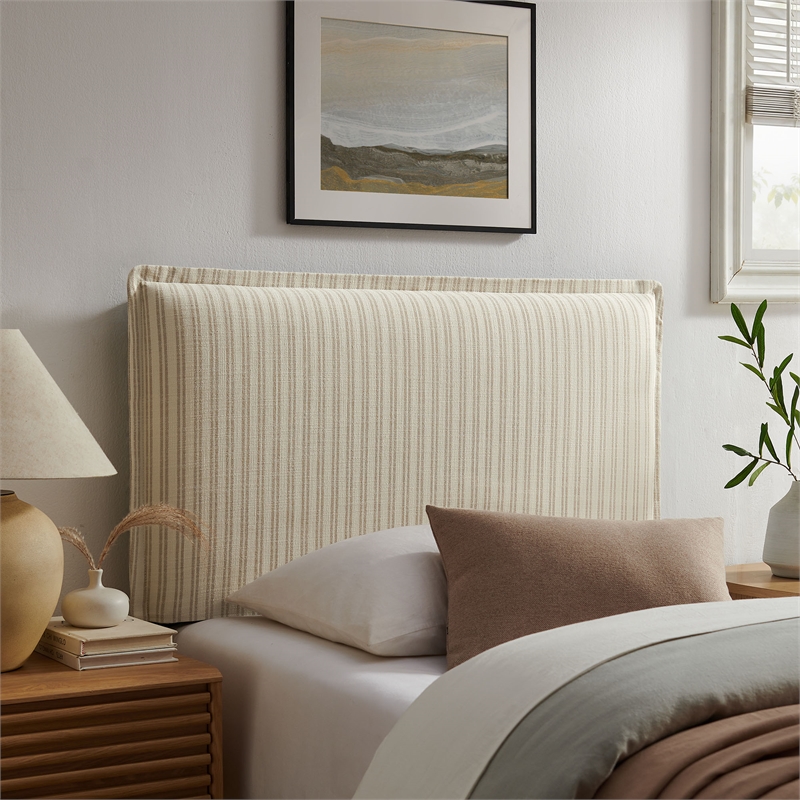 Camille Striped Linen Blend Twin Size Headboard in Oatmeal Stripe