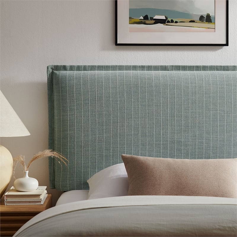Camille Striped Linen Blend Twin Size Headboard in Spa Blue Stripe