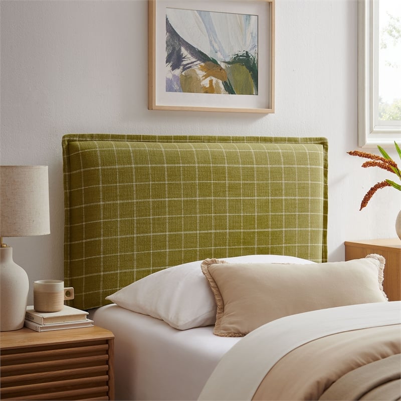 Camille Checkered Linen Blend Twin Size Headboard in Artichoke Windowpane Check