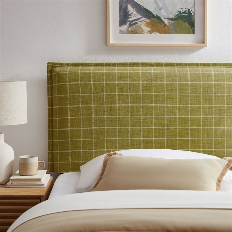 Camille Checkered Linen Blend Twin Size Headboard in Artichoke Windowpane Check