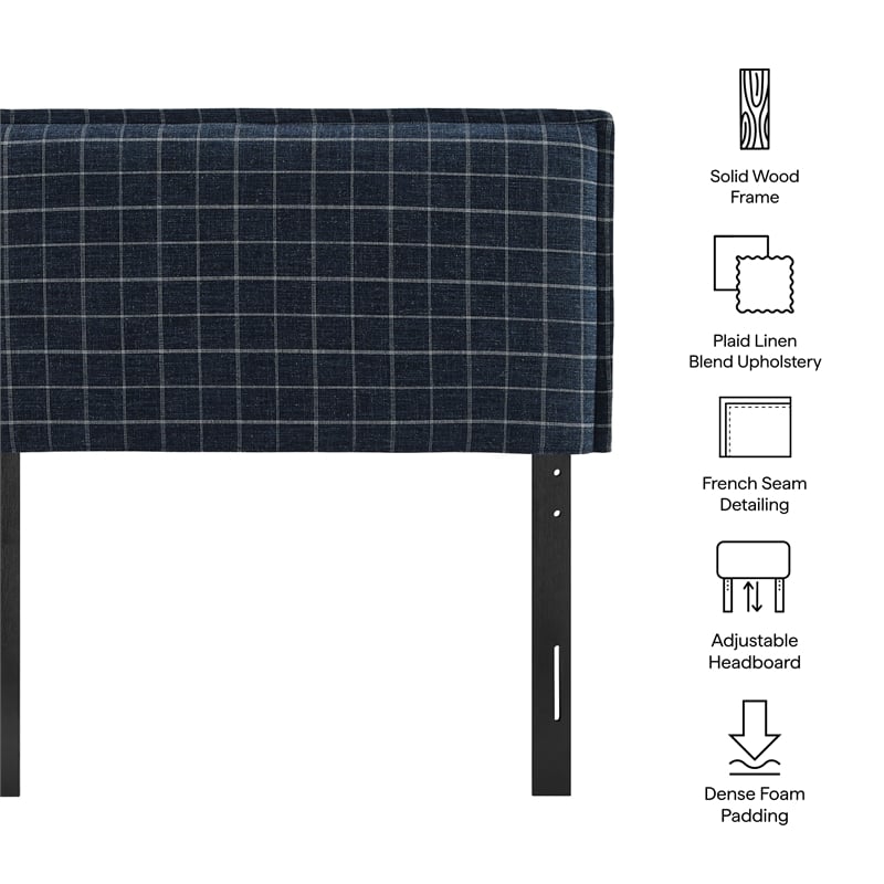 Camille Checkered Linen Blend Twin Size Headboard in Denim Windowpane Check