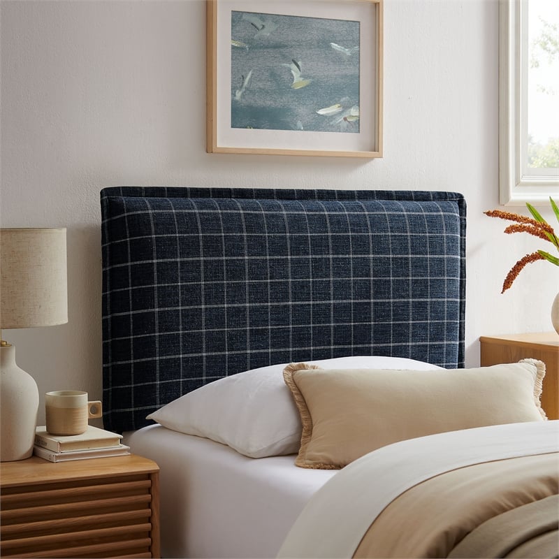 Camille Checkered Linen Blend Twin Size Headboard in Denim Windowpane Check