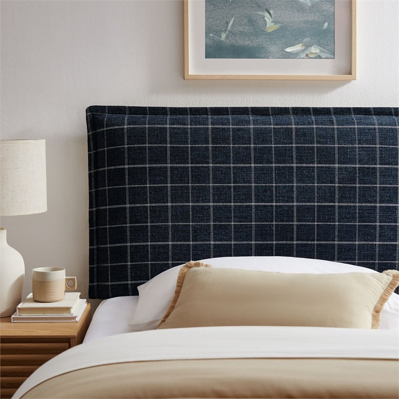Camille Checkered Linen Blend Twin Size Headboard in Denim Windowpane Check