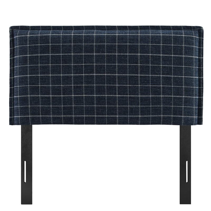 Camille Checkered Linen Blend Twin Size Headboard in Denim Windowpane Check