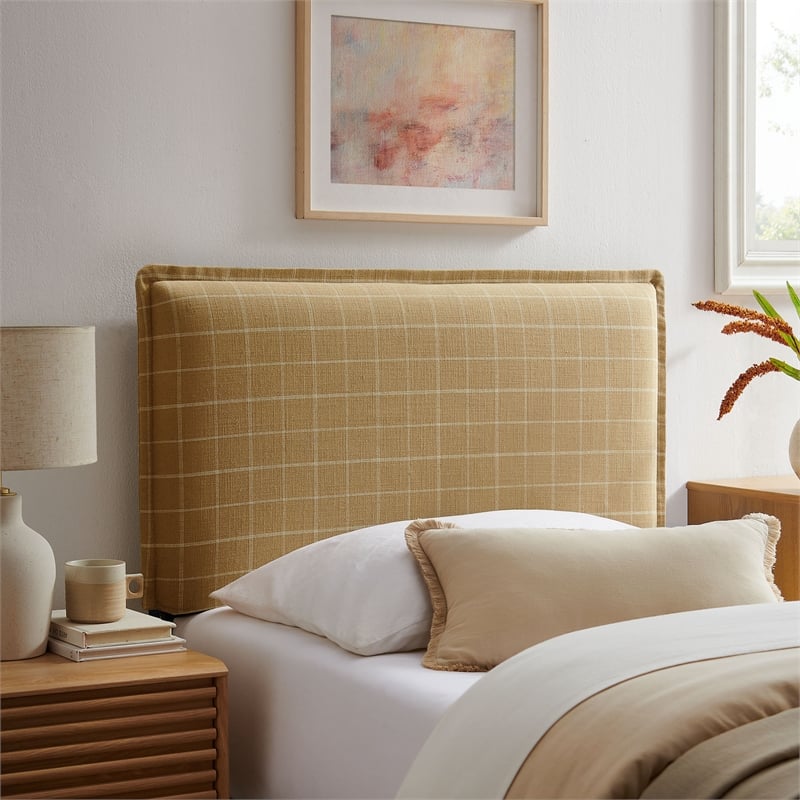 Camille Checkered Linen Blend Twin Size Headboard in Hemp Windowpane Check