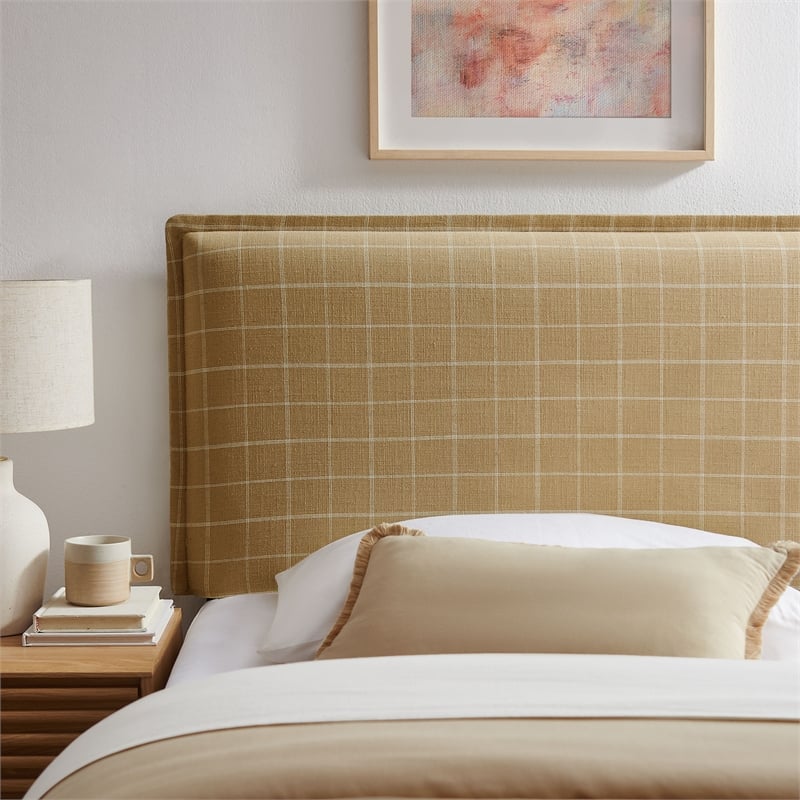 Camille Checkered Linen Blend Twin Size Headboard in Hemp Windowpane Check