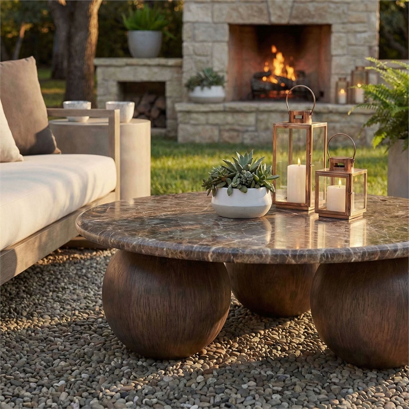 Pietra Indoor Outdoor Round Coffee Table in Dark Emperador Marble