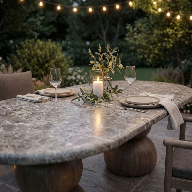 Pietra Indoor Outdoor Oval Dining Table in Dark Emperador Marble
