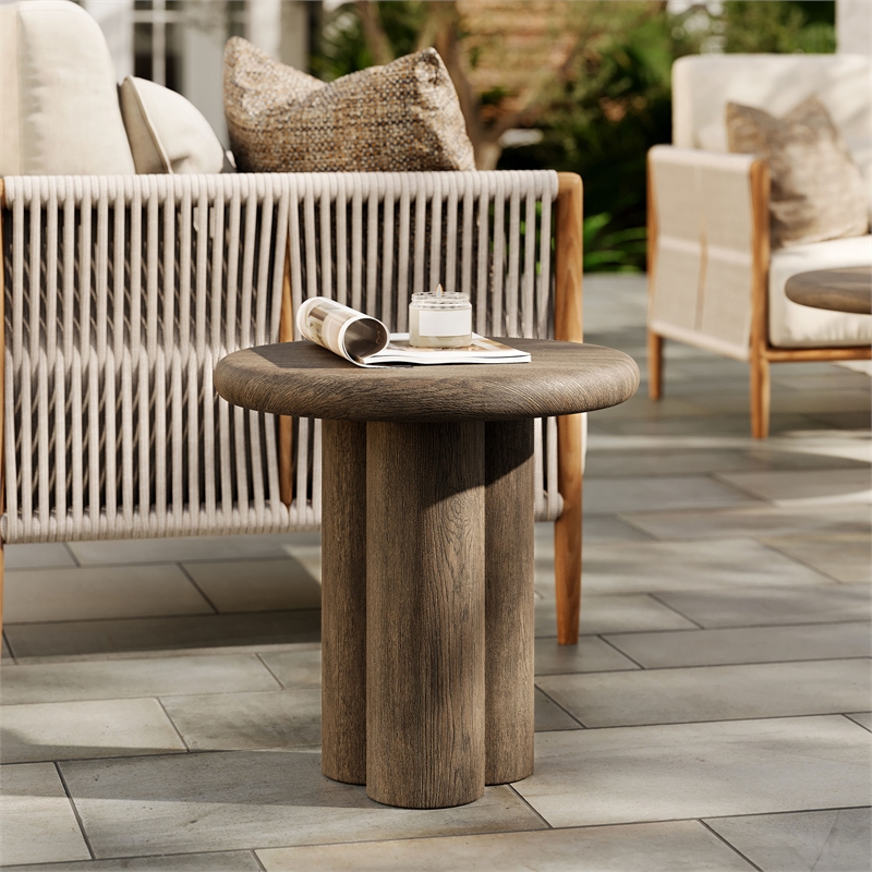 Tori 20 Inch Round Outdoor Indoor and Outdoor Wood Side Table in Weathered Walnut