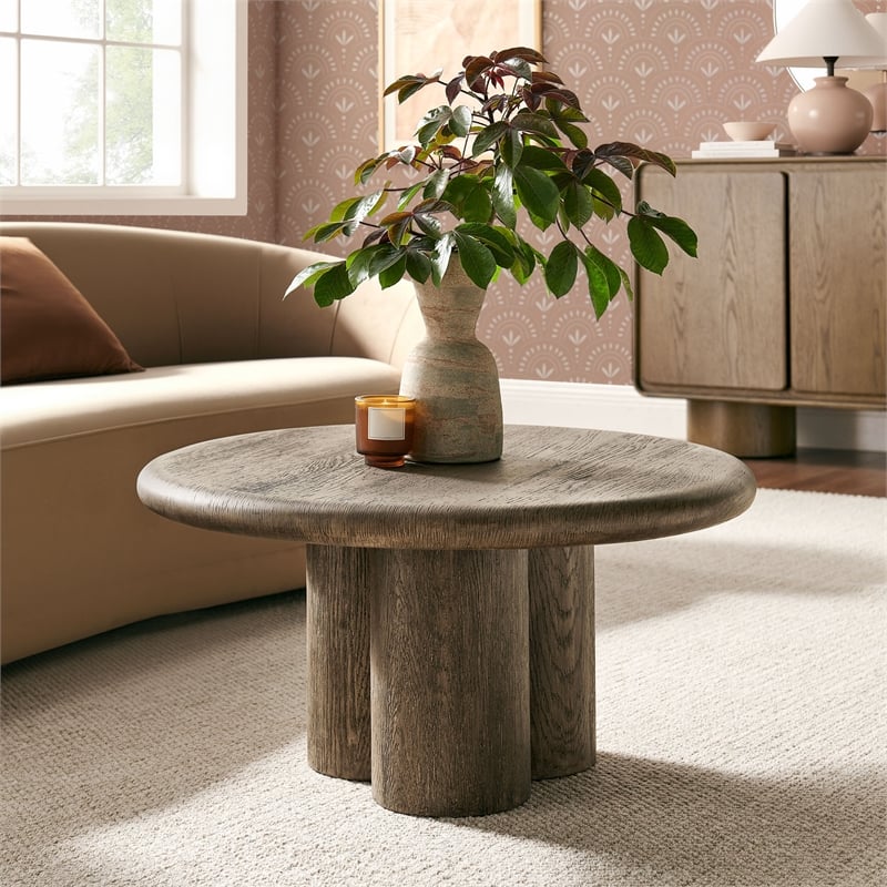 Tori 31 Inch Round Outdoor Indoor and Outdoor Wood Coffee Table in Weathered Walnut