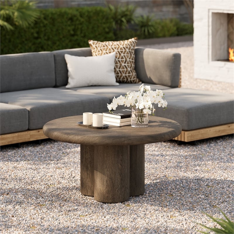 Tori 31 Inch Round Outdoor Indoor and Outdoor Wood Coffee Table in Weathered Walnut