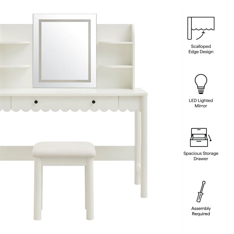 Emmeline Scalloped Makeup Vanity Desk With LED Mirror and Stool in White Ivory
