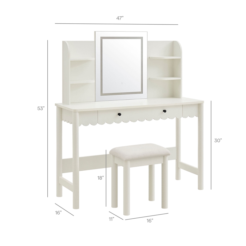 Emmeline Scalloped Makeup Vanity Desk With LED Mirror and Stool in White Ivory