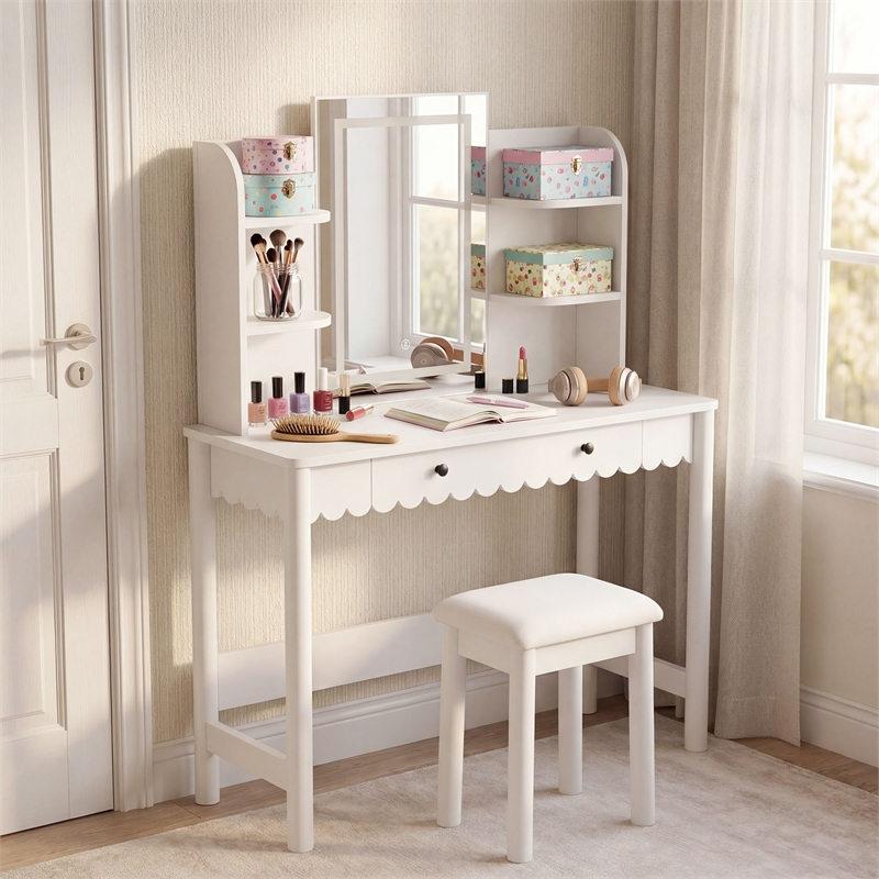 Emmeline Scalloped Makeup Vanity Desk With LED Mirror and Stool in White Ivory