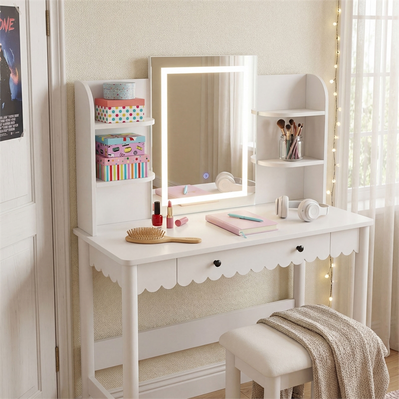 Emmeline Scalloped Makeup Vanity Desk With LED Mirror and Stool in White Ivory