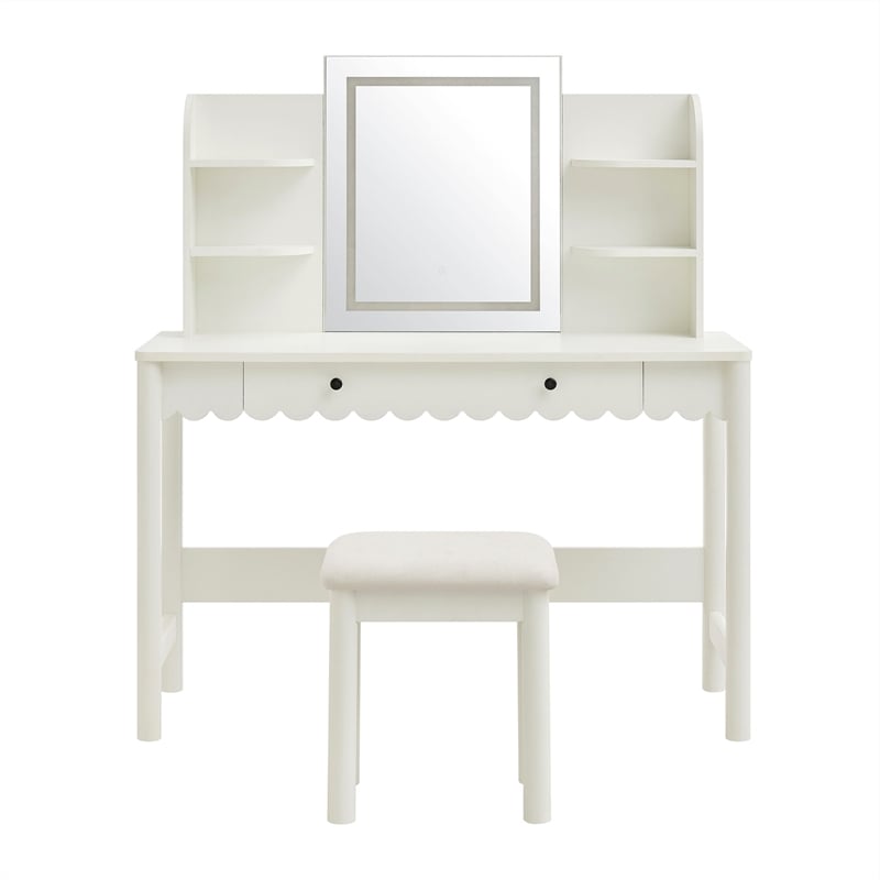 Emmeline Scalloped Makeup Vanity Desk With LED Mirror and Stool in White Ivory