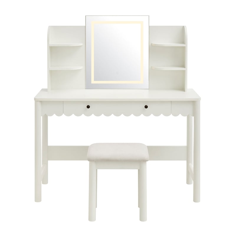 Emmeline Scalloped Makeup Vanity Desk With LED Mirror and Stool in White Ivory