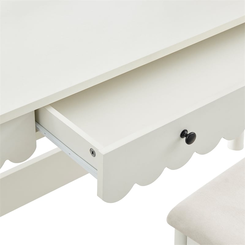 Emmeline Scalloped Makeup Vanity Desk With LED Mirror and Stool in White Ivory