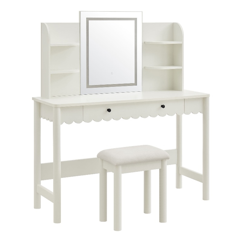 Emmeline Scalloped Makeup Vanity Desk With LED Mirror and Stool in White Ivory
