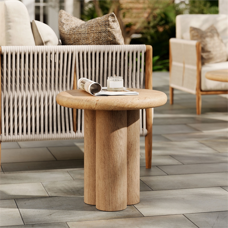Tori 20 Inch Round Indoor and Outdoor Side Table in Travertine