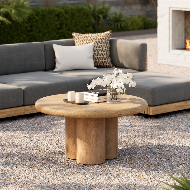 Tori 31 Inch Round Indoor and Outdoor Coffee Table in Travertine