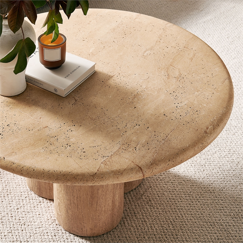 Tori 31 Inch Round Indoor and Outdoor Coffee Table in Travertine