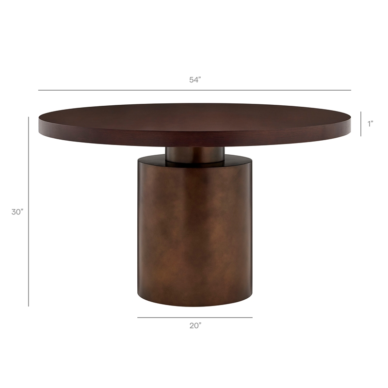 Annette 54 Inch Round Pedestal Base Dining Table in Dark Walnut Burnished Brass