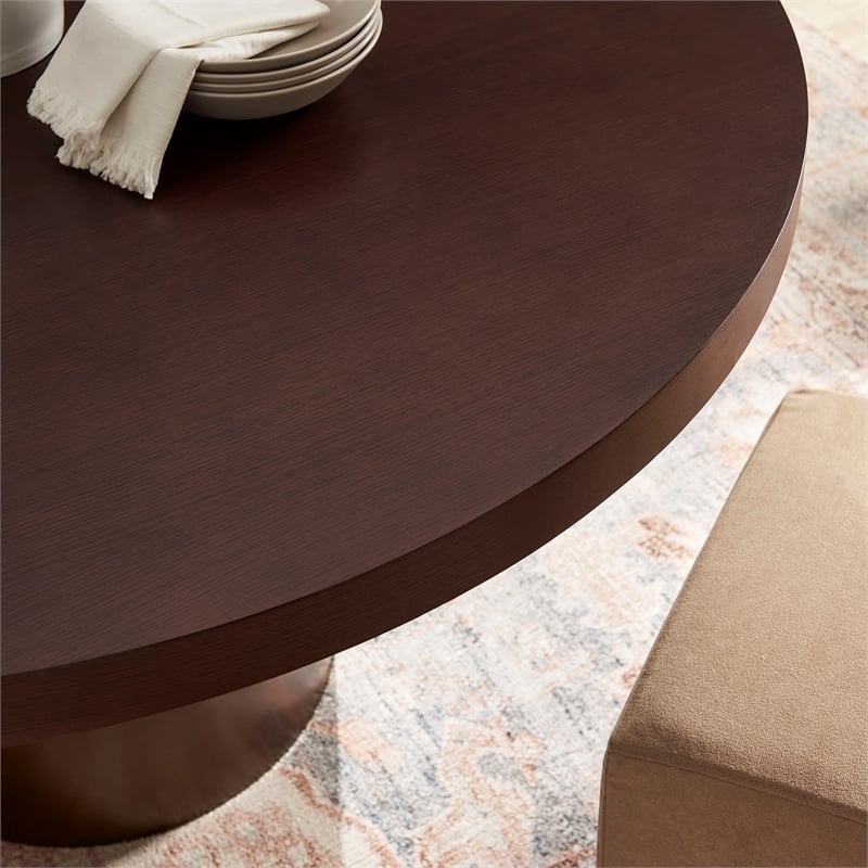 Annette 54 Inch Round Pedestal Base Dining Table in Dark Walnut Burnished Brass