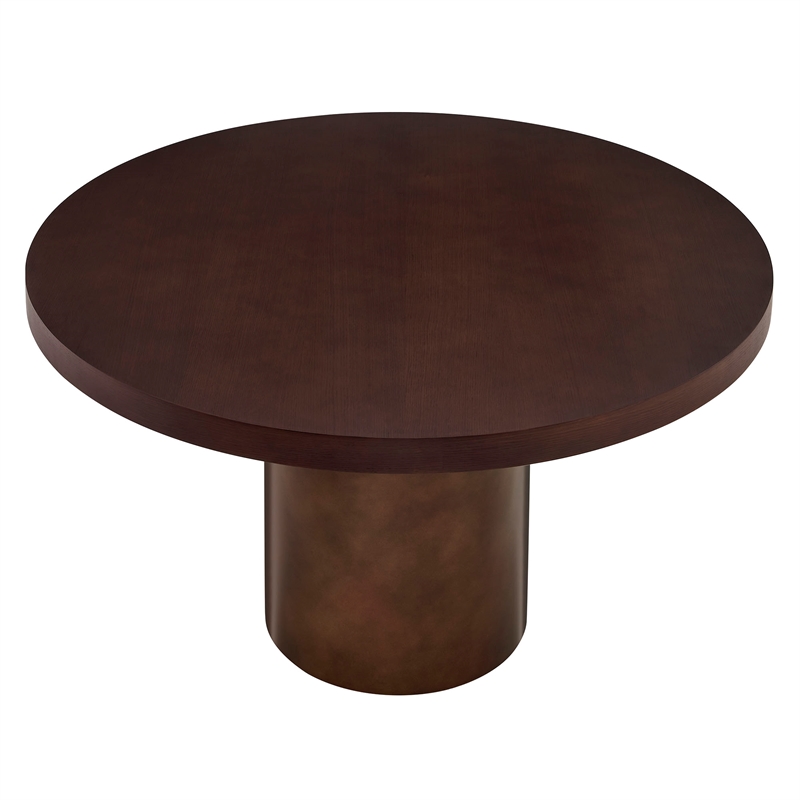Annette 54 Inch Round Pedestal Base Dining Table in Dark Walnut Burnished Brass