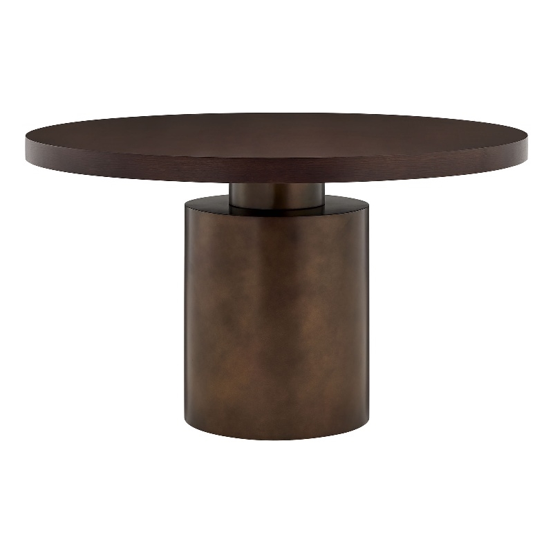 Annette 54 Inch Round Pedestal Base Dining Table in Dark Walnut Burnished Brass