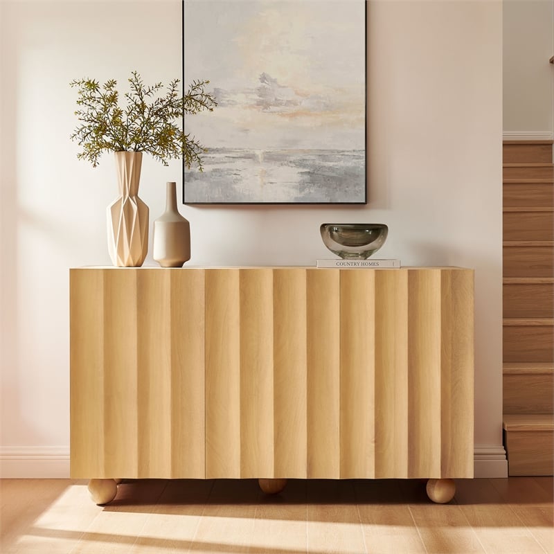 Sorren 54 Inch Scalloped Wood 3-Door Sideboard in Natural