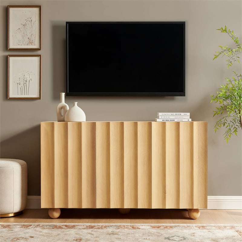 Sorren 54 Inch Scalloped Wood 3-Door Sideboard in Natural