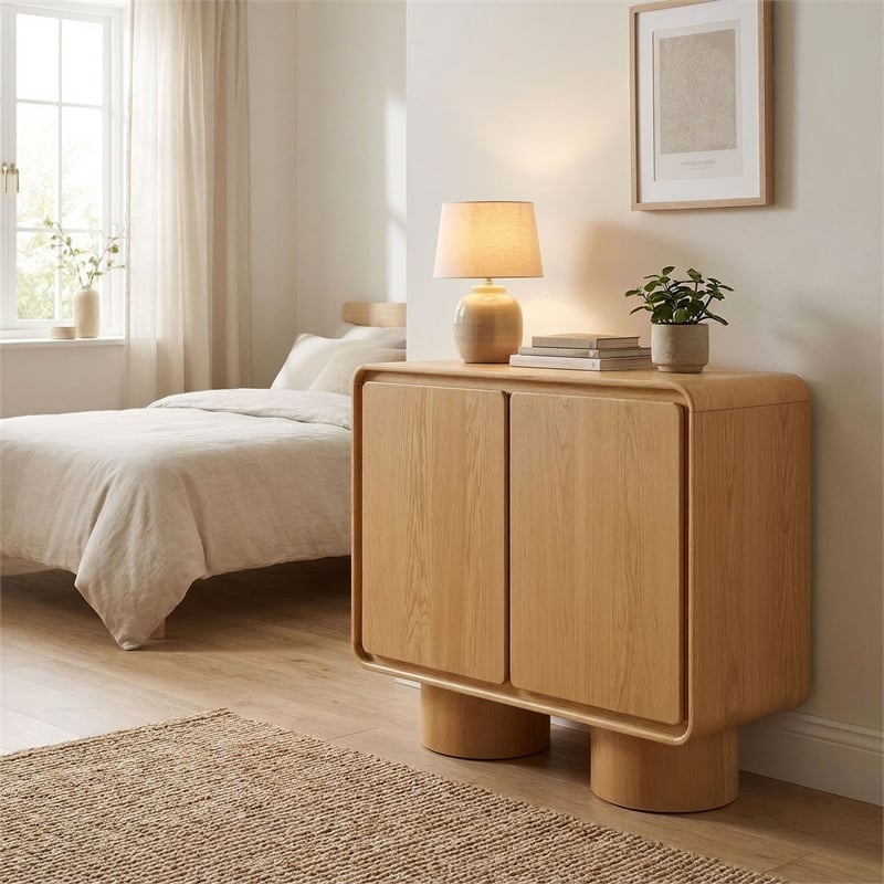 Lumo 2-Door Curved Wood Accent Cabinet in Oak